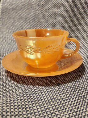 Vintage Fire King Peach Lustre Laurel Teacup & Saucer Set Anchor Hocking